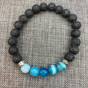 Lava Stone Energy Bracelet Grey Blue Ombre Bead Silver Infinity Stretch BoHo